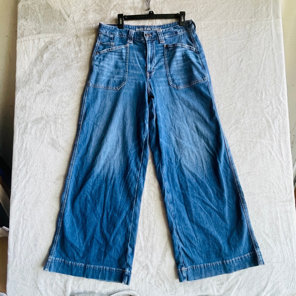 American Eagle Wide Leg Jeans Womens 12 Long Medium Wash Patch Pocket Stretch